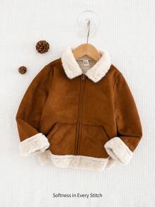 Cozy Pixies Young Boy Fluffy Collar Long Sleeve Cardigan Jacket, Casual All-Match - Brown - View 6