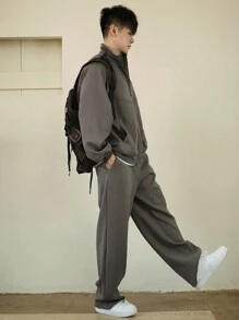 DAZY 男士休闲宽松纯色拉链领长袖夹克和裤子套装，秋季