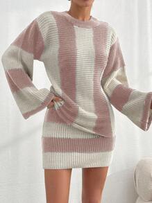 SHEIN Cottnline Women Striped Knit Design Oversize Sweater And Knit Skirt Set - Pink - View 6