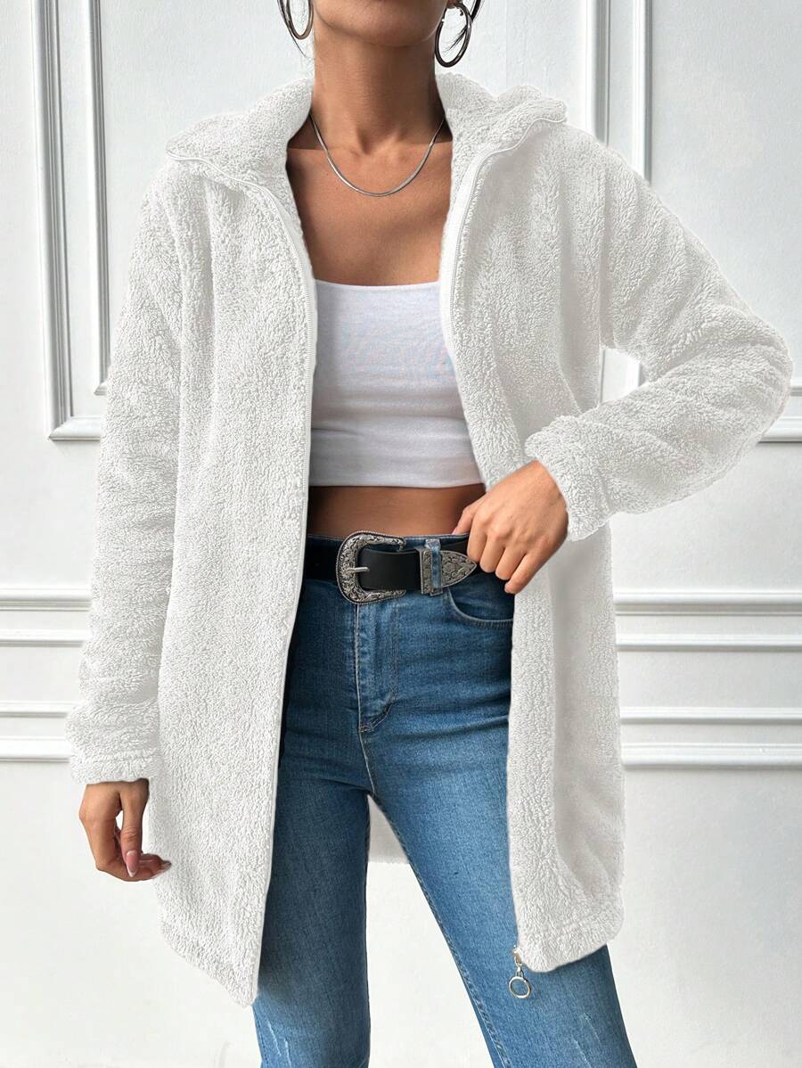 EURMUSE Women's Solid Color Simple Casual Long Sleeve Jacket - White - View 1