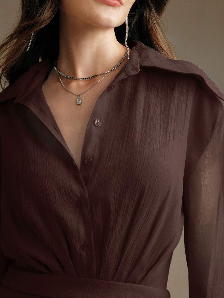 Women's Unique Design Ruffle Edge Slouchy Shirt Dress, Tie-Waist Peplum Mini Skirt Organza Women Outfit