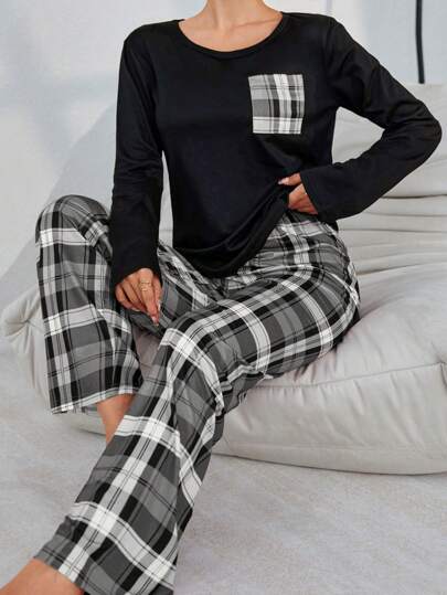 Women Plaid Print Long Sleeve Sleepwear Pajama Set, Top Pants, Fall Clothes Cozy Elegante view 3