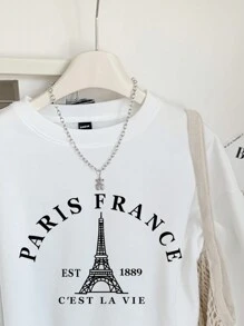 SHEIN EZwear 休闲简约巴黎法国埃菲尔铁塔图形印花圆领加厚保暖内衬长袖宽松运动衫女士，适合秋冬季，长袖上衣 - 白色 - 查看 4