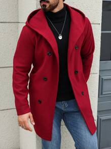 Manfinity Homme 1pc Men's Solid Color Button Front Long Sleeve Minimalist Hooded Overcoat, Casual Winter Fall Going Out Business Overcoat, For Friends, Husband, Boyfriend Gifts