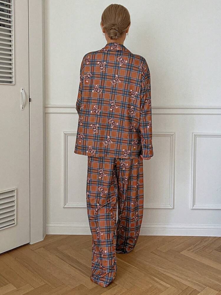 Christmas Plaid Bear Print Loose Pajama Set