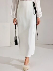 Modelyn 1 pieza Falda elegante blanca de mujer con cintura anudada al costado, adecuada para ir a trabajar - Blanco - Ver 4