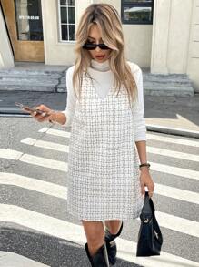 SHEIN Frenchy 女士格子印花 V 领无袖优雅连衣裙，配有背心细节 - 彩色 - 查看 6