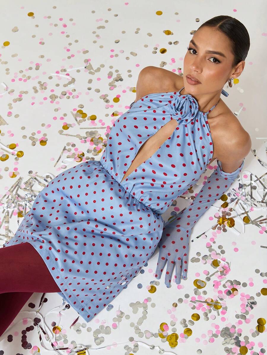 COSMINA Dames Vintage Stijl Polka Dot 3D Bloemen Decor Halter Hals Mini Jurk