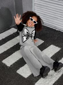 SHEIN Explorewe Young Girl Collared Bowknot Embroidered Contrast Color Raglan Sleeve Sweater And Straight Leg Pants Two-Piece Set - Multicolor - View 1