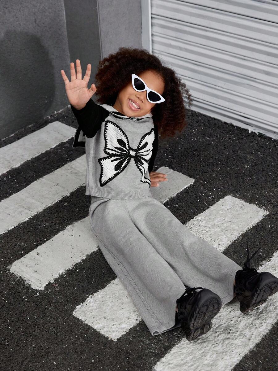 SHEIN Explorewe Young Girl Collared Bowknot Embroidered Contrast Color Raglan Sleeve Sweater And Straight Leg Pants Two-Piece Set - Multicolor - View 1