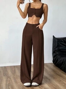 SHEIN EZwear Bộ 2 món: Áo vest cài nút phía trước màu trơn có dây đeo dày và quần ống rộng có trang trí túi - màu nâu - Xem 1