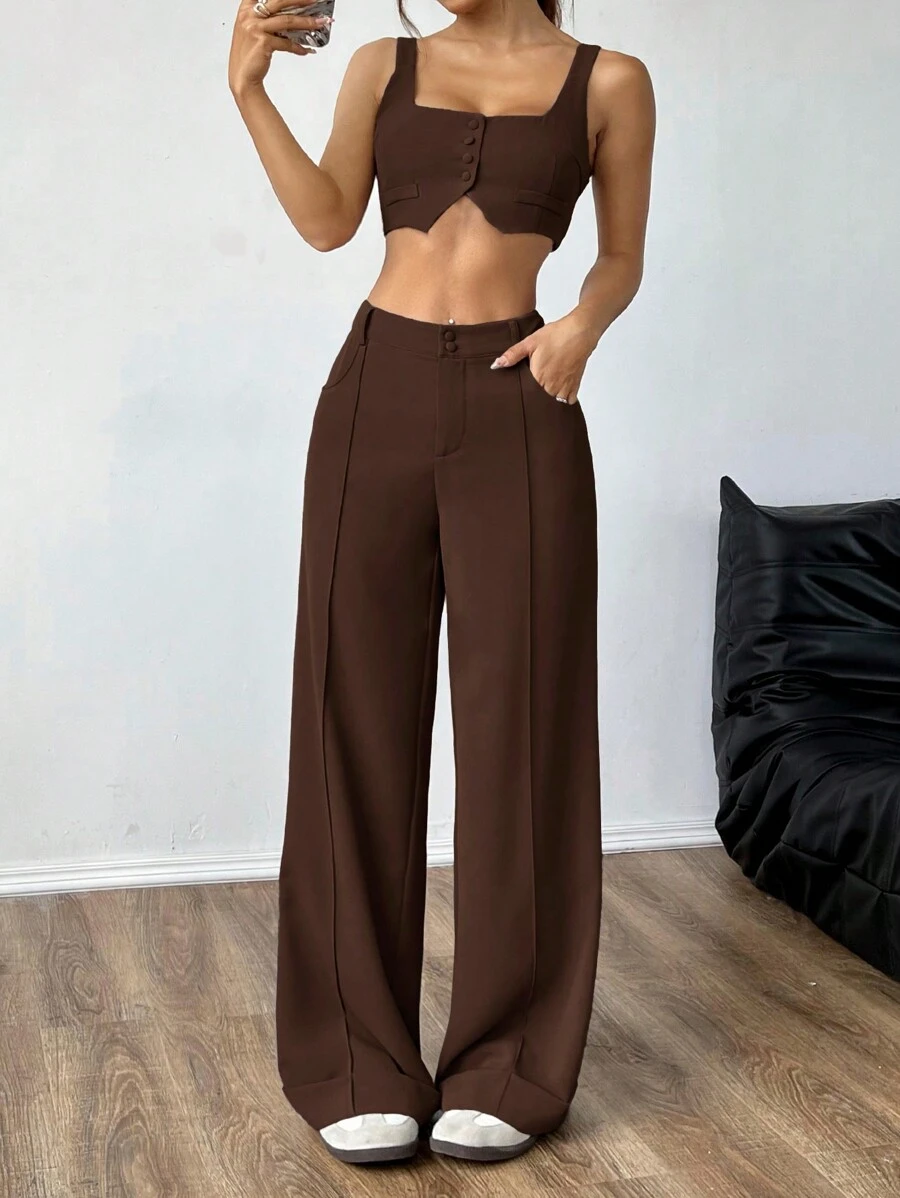 SHEIN EZwear Bộ 2 món: Áo vest cài nút phía trước màu trơn có dây đeo dày và quần ống rộng có trang trí túi - màu nâu - Xem 1
