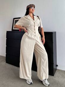 POPSWAY Plus Size Plain Front Button Down Collar Long Sleeve Simple Jumpsuit, Casual - Apricot - View 4