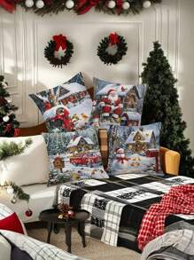 Set von 4 Weihnachten Kissenbezügen mit Weihnachtsmann, Schneemann und rotem Lastwagen - zeitgenössische Reißverschluss-Dekorationshüllen für Sofa und Outdoor, festliche Urlaubsszenen, robuster gewebter Polyester, nur von Hand waschbar - 45 x 45 cm