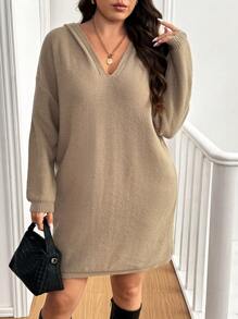 Flirla Váy len rộng rãi, đơn giản, có mũ trùm đầu cỡ lớn - Màu Khaki - Xem 3
