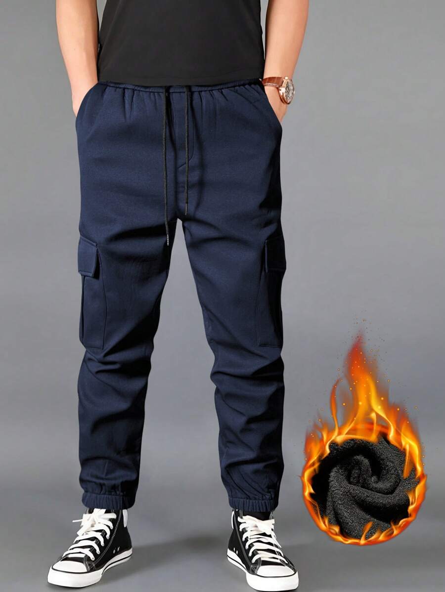 Manfinity Homme Men's Solid Color Drawstring Waist Cargo Pockets Casual Pants With Thermal Lined - Navy Blue - View 1