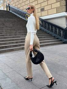 SHEIN Tall Carrot Cropped PU Leather Pants - Beige - View 3