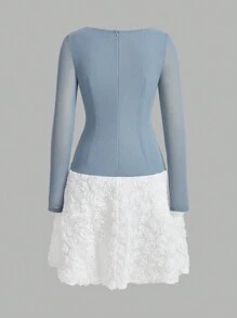 Modelyn Đầm dạ hội dài tay cổ vuông màu trơn chắp vá ngắn thường ngày cho nữ - Nhiều màu - Xem 2