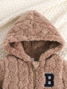 Baby Boys Textured Knit Thermal Lined Hooded Zipper Jumpsuit With Embroidered Letter, Warm And Comfortable For Cold Autumn/Winter Weather