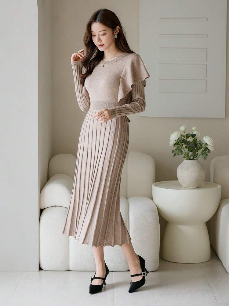 Women Solid Color Ruffle Pleated Sweater Dress,Fall Clothes