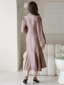 DAZY Women's Solid Color Lantern Sleeve Fishtail Ruffle Asymmetric Hem Dress,Fall Clothes Long Sleeve Dress - Purple - View 2