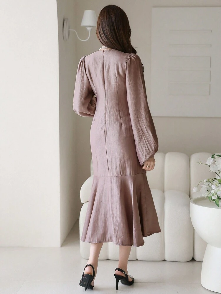 Women's Solid Color Lantern Sleeve Fishtail Ruffle Asymmetric Hem Dress,Fall Clothes Long Sleeve Dress