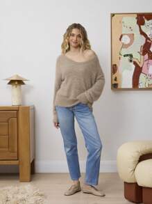 Aralina 宽松柔软 V 领长袖宽松针织毛衣