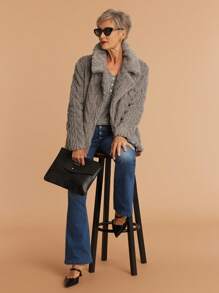 SHEIN LUNE Women's Casual Commuting Fluffy Collar Warm Fleece Jacket - Grey - View 5