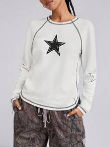 SHEIN EZwear Women's Y2K Fashion Star Pattern Textured Waffle Knit White Long T-Shirt - White - View 2