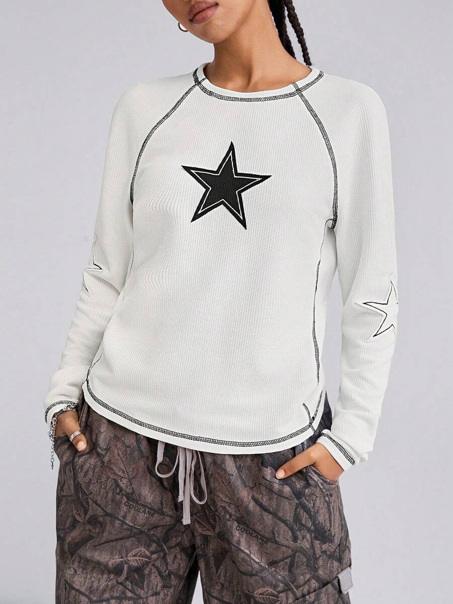 SHEIN EZwear Women's Y2K Fashion Star Pattern Textured Waffle Knit White Long T-Shirt