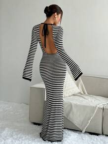 SHEIN Unity Damen Mode Offene Rücken Schnürung Gestreift Lang Strickkleid - Schwarz und Weiss - Übersicht 2
