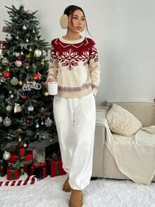 SHEIN Unity Áo len nữ mềm mại ấm áp họa tiết bông tuyết Giáng sinh, áo chui đầu dệt kim mùa thu đông. - Nhiều màu - Xem 5