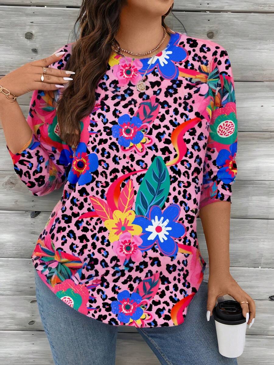 SHEIN LUNE Plus Size Women Leopard Floral Graphic Round Neck Loose Pullover Sweatshirt For Spring & Autumn - White - View 1