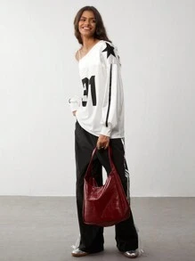 TRNVIE 1pc Women's Vintage Sporty Colorblock Raglan Shoulder Letter Print Oversized T-Shirt, Retro College Style For Autumn/Winter