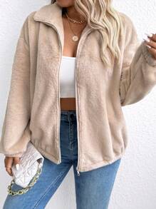 SHEIN LUNE 大码纯色前拉链长袖夹克，日常休闲