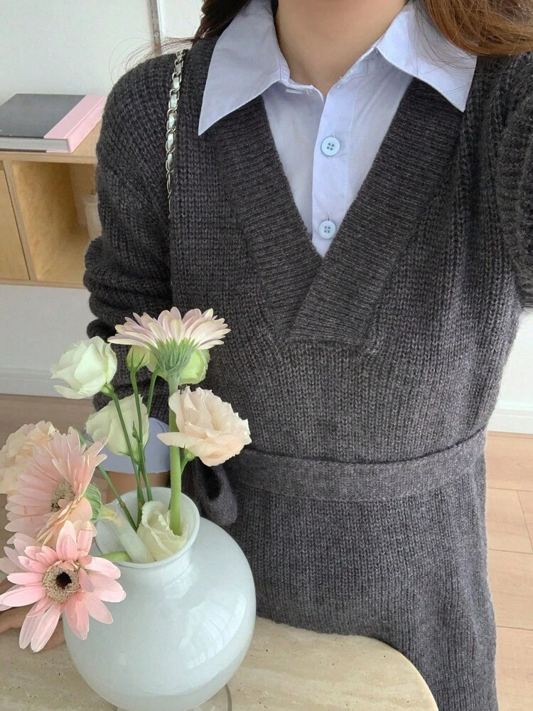Women's Solid V-Neck Long Sleeve Straight Loose Casual Sweater Dress, Fall Winter