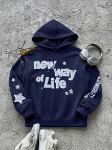 Sudadera con capucha casual de hombre con estampado de letras, manga larga, para uso diario