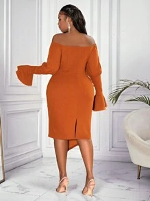 Slaydiva Plus Size Women's Elegant Sexy Off-Shoulder Ruffled Sleeve Solid Color Bodycon Dress - Rust Brown - View 3