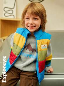 SHEIN 2pcs/Set Young Boy Casual Everyday Patchwork Letter & Mountain Print Sweatshirt & Sweatpants, Autumn - Red - View 8