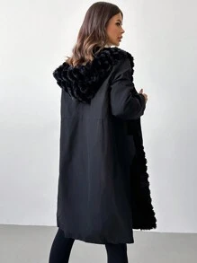 SHEIN Privé 女士连帽拼接毛绒收腰休闲宽松保暖外套秋冬季 - 黑色 - 查看 2