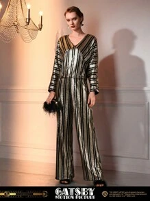 The Great Gatsby x MOTF SEQUINS V-NECK STRIPED PATTERN BLOUSE - Black and Gold - View 2