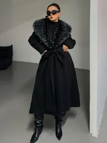 Flirla 大码女式纯色纽扣领大衣，适合冬季 - 黑色 - 查看 4