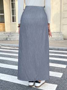 SHEIN Frenchy Ladies Casual Commute Wrap-Around High Slit Skirt, Autumn,Elegant Skirt Gray Skirt  ,Long Skirt Fall Skirts Homecoming Skirts,FW24 Winter - Grey - View 6