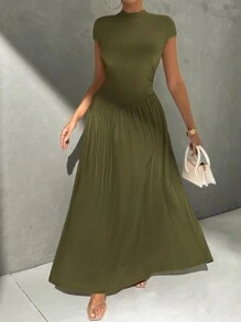 Firerie 优雅简约纯色短袖合身立领不对称 A 字腰长裙适合日常穿着