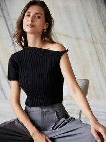 Aveloria Modichic 1pc Off Shoulder Asymmetrical Cutout Design Refined French Style High-End Slim Fit Knit Top