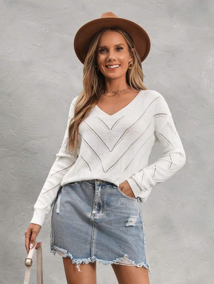 SHEIN LUNE Women's Solid Color V-Neck Hollow-Out Knit Sweater, Autumn/Winter