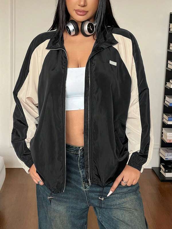 SHEIN EZwear Plus Size Plain Patchwork Front Zipper Long Sleeve Casual Jacket Winter Fall Autumn