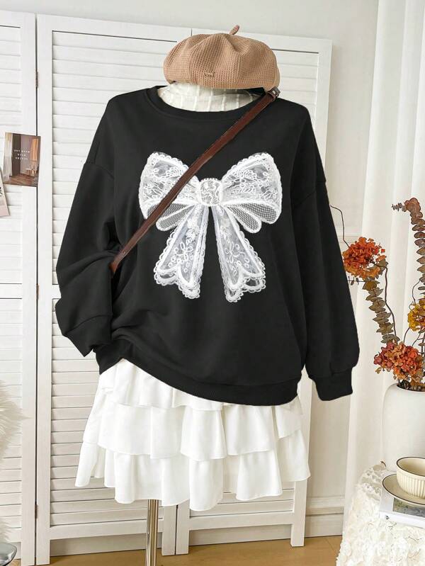 SHEIN Bow Decor, Lace Trim, Casual Minimalist Tween Girl Crew Neck Thick Sweatshirt, Suitable For Autumn/Winter