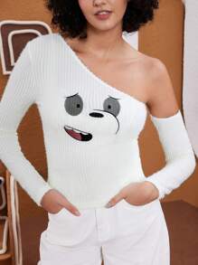 We Bare Bears X SHEIN Women Casual Embroidered Cartoon Pattern Asymmetrical Neck Slim Fit Fluffy Knit Top - Apricot - View 4