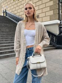 EURMUSE Casual Solid Color Dual Pocket Fringe Cardigan, Autumn/Winter - Beige - View 6